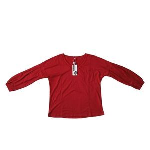 Phortric Amazon Red Casual V-Neck Long Pleated Sleeves Top Women's Size Medium
